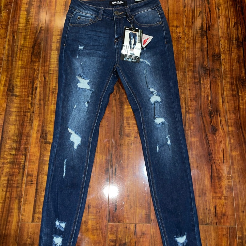 Enjean Women's Distressed Dark Blue Skinny Jeans